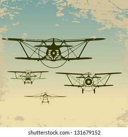 Old planes flying in the clouds,  retro aviation background. Vector.