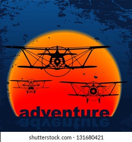 Old planes flying in red sunset sky . Vector