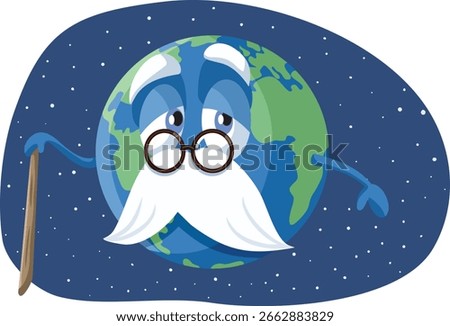 
Old Planet Earth with Walking Stick Vector Cartoon. Funny Terra character aging and going trough a degenerative process 
