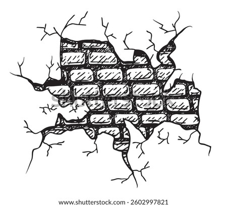 Old plaster and brick wall damage. Cracked birck wall in sketch style. Hole in broken wall and old bricks. Wall cracks. Vector sketch illustration