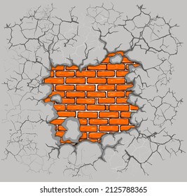 Old Plaster and Red brick wall damage. Vector illustration