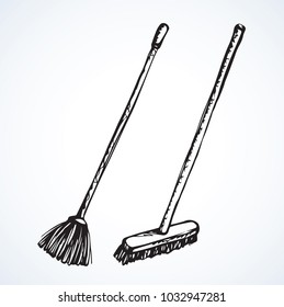 Old plastic filaments broom on long holder isolated on white backdrop. Freehand outline black ink hand drawn picture in art retro contour scribble style pen on paper. View closeup with space for text