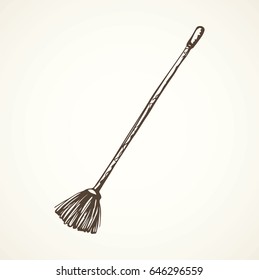 Old plastic filaments broom on long holder isolated on white backdrop. Freehand outline black ink hand drawn picture in art retro contour scribble style pen on paper. View closeup with space for text