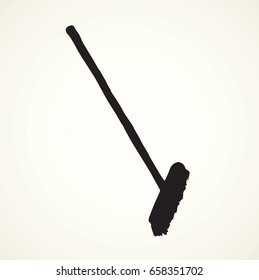 Old plastic filaments broom on long holder isolated on white backdrop. Dark ink hand drawn picture in art retro contour style. View closeup with space for text