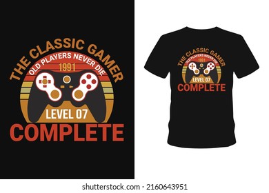  Old players never 1985 level 01 complete, Next level unlocked gaming t-shirt design,  Vector graphic, bundle-shirt, typographic poster, vintage, label, badge, logo, icon or t-shirt
