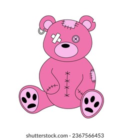 Old plush bear toy with seams, patches and button eye. Emo goth style. Y2k gothic animal doll. Pink and black color concept. Vector illustration