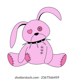 Old plush bunny toy with seams, patches and button eye. Emo goth rabbit toy wearing spiked collar. Y2k gothic animal doll. Pink and black color concept. Vector illustration