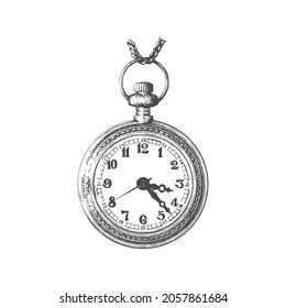 Viejo reloj de bolsillo con cadena, ilustración vectorial dibujada a mano. Esbozo con un estilo grabado sobre fondo blanco. Imagen vintage.