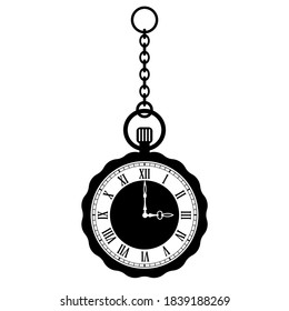 Viejo reloj de bolsillo con cadena, ilustración vectorial sobre fondo blanco