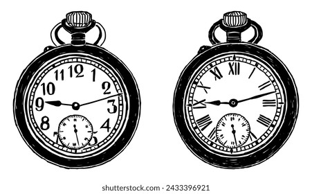 Old pocket watch drawings,black and white vector illustration isolated on white