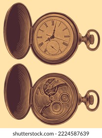 Old Pocket watch. Editable hand drawn illustration. Vector vintage engraving. Isolated on light background. 8 eps