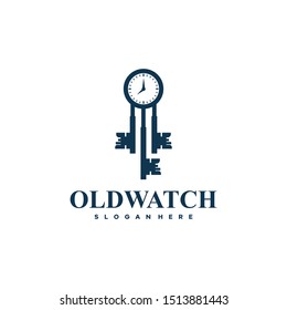 Old pocket watch and key logo template. Vintage key and clock vector design.