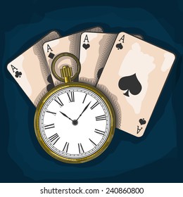 Old pocket watch and playing cards, excellent vector illustration, EPS