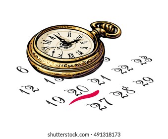 Old pocket watch is sitting on a calendar. Deadline concept. Time and planning.Sketch style. Hand drawn vector illustration.