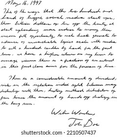 Old Poetic Letter Hand Written In Messy, Unreadable Cursive Ink. Illegible, Grungy, Oldschool Style Script Writing. Fake Letter, Fake Gibberish Document, For A Prop, Texture, Or Reference.