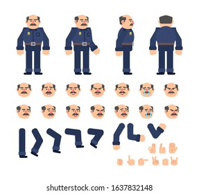 Old Policeman Creation Kit. Create Your Own Pose, Animation. Flat Design Vector Illustration