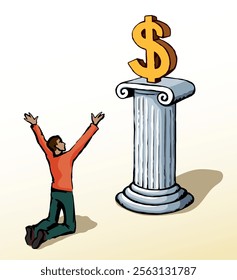 Old poor male guy prayer stand raise hand look buy job pay buck price idol cult pillar podium. Line drawn young rich boy trader sell usa bill usd cash sale earn salary coin logo fun retro sketch art