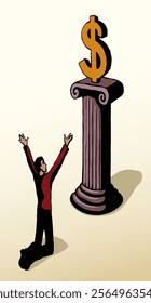 Old poor male guy prayer stand raise hand look buy job pay buck price idol cult pillar podium. Line drawn young rich boy trader sell usa bill usd cash sale earn salary coin logo fun retro sketch art