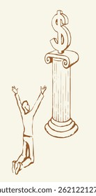 Viejo pobre hombre de pie de oración levantar la mano mirar comprar trabajo pagar buck Precio idol culto pilar podio. Línea dibujada joven rico chico comerciante venta usa factura venta en efectivo ganar salario moneda logo divertido retro sketch arte