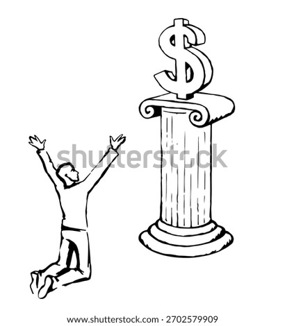 Old poor male guy prayer stand raise hand look buy job pay buck price idol cult pillar podium. Line drawn young rich boy trader sell usa bill usd cash sale earn salary coin logo fun retro sketch art