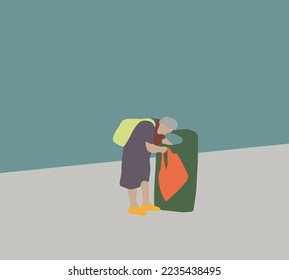 Old poor woman collecting trash to be recycled on city street. Lifestyle of tramp, living in the streets. Homeless concept