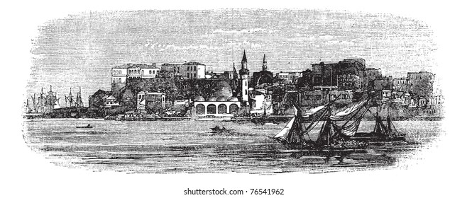 Old port of Chania, Crete islands, Greece vintage engraving. Old engraved illustration of ships with buildings in the background, from the 1890s. Trousset Encyclopedia