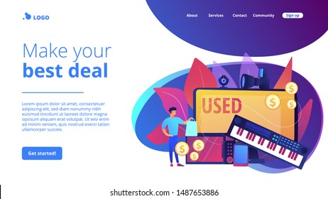 Old portable gadgets sell and buy. Used electronics trading, second hand device purchasing, used electronics market, make your best deal concept. Website homepage landing web page template.