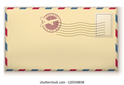 Old postage envelope with stamps isolated on white background.