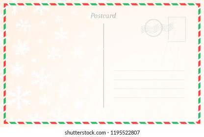 Old postal card template with winter snowflakes. Postcard back design for Christmas and New Year greetings.