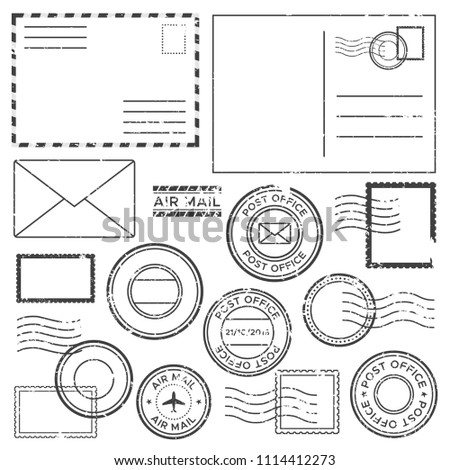 Old postal letter with postmark stamps. Antique airmail letters with plane border mark icon template, air mail stamp label and post ink cachet grunge scratched symbol isolated vector set collection