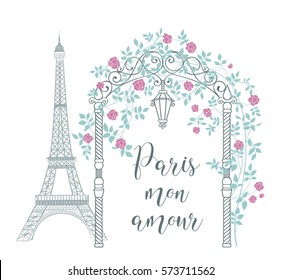 Old postcard with eiffel tower and spring flowers on the garden arch. Rose garden with arch flowers, text template place in the bottom. Vector illustration.