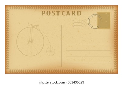 Old postcard with frame and retro bicycle. Grunge paper vintage post card. Isolated on white vector illustration.