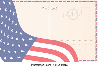 Old postcard illustration with american flag on background