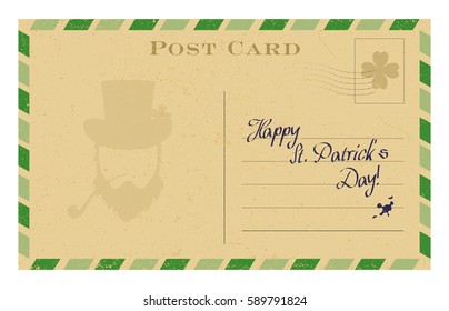 Old postcard with leprechaun silhouette and green frame. St. Patrick's greeting card template. Grunge paper vintage post card. Isolated on white vector illustration.