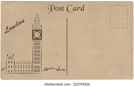 Old postcard from London with a drawing of Elizabeth Tower. Stylization. Vector illustration.