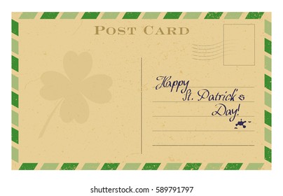 Old postcard with shamrock and green frame. St. Patrick's greeting card template. Grunge paper vintage post card. Isolated on white vector illustration.