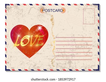 Old postcard stamp. Romantic card with red heart and gold text love. Symbol of love, Valentine's day.