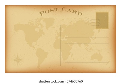 Vieja postal con mapa del mundo y sello. Tarjeta postal de papel de color negro.  Aislado en blanco. Ilustración vectorial.