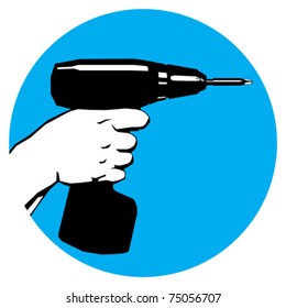 old poster style label with hand and drill silhouette