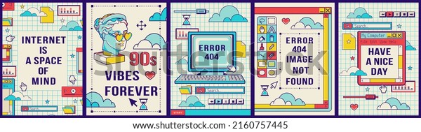 Old posters with desktop user interface with\
window boxes and folders. Nostalgia internet and pc elements.Retro\
computer aesthetic template with quotes about 90\'s, copy space and\
nostalgia fun element