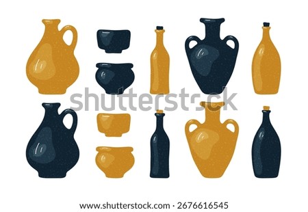 Old pottery, ceramic pot, jar, jug and bottle. Ancient greek clay vessels isolated on white background. Antique ceramic bowl, earthenware urn, amphora, jug and pot, vector cartoon illustration