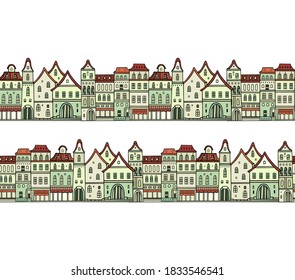 Old Prague streets - Seamless vector border pattern with old houses,  on white background