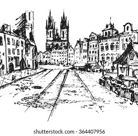 Old Prague view. Czech Republic. Hand drawn sketch, vector illustration.