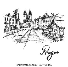 Old Prague view. Czech Republic. Hand drawn sketch, vector illustration.