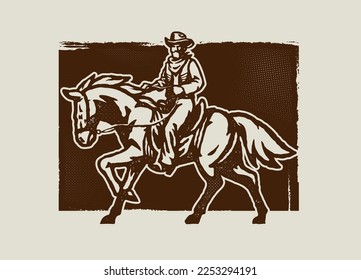 Old Press Style Illustration of Cowboy Sheriff Riding the Horse