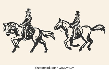 Old Press Style vector set of gentlemen riding horse