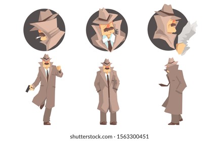 Old Private Detective With Mustache In Different Poses Vector Illustration Set Isolated On White Background