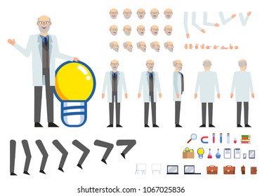 Old professor creation kit. Create your own pose, action, animation. Various emotions, gestures, design elements. Flat design vector illustration