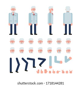 Old professor or doctor character creation kit. Create your own pose, action, animation. Minimal design vector illustration
