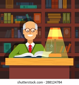 Old professor in glasses reading a book at the lamp lit desk in front of massive book shelves. Flat vector illustration.